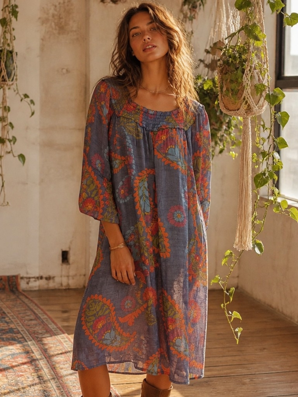 Mlle Gabrielle Slate Blue Paisley Midi Dress with Orange and Green Accents